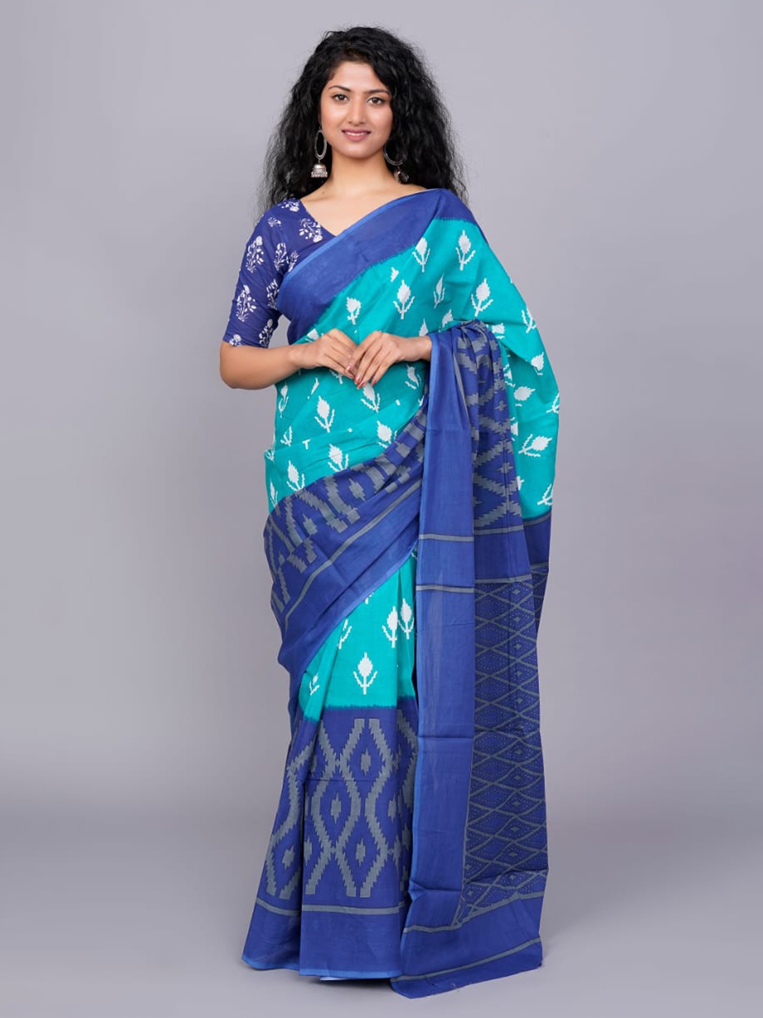 

JALTHER Ethnic Motifs Printed Pure Cotton Saree, Turquoise blue