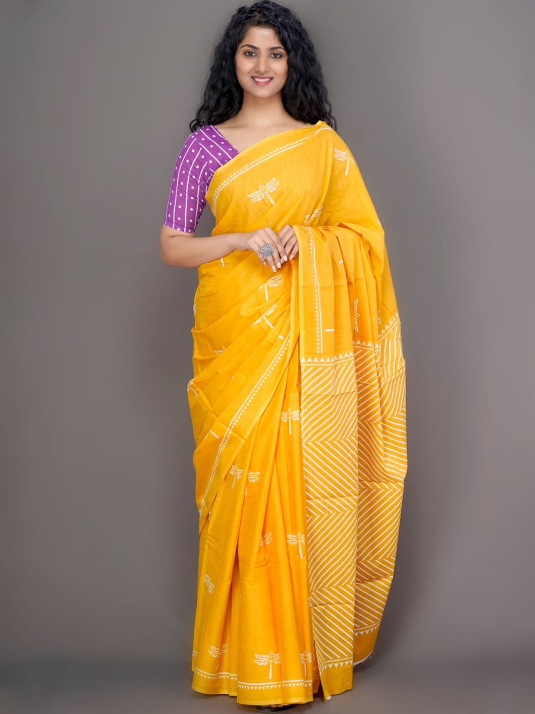 

JALTHER Ethnic Motifs Printed Pure Cotton Saree, Yellow