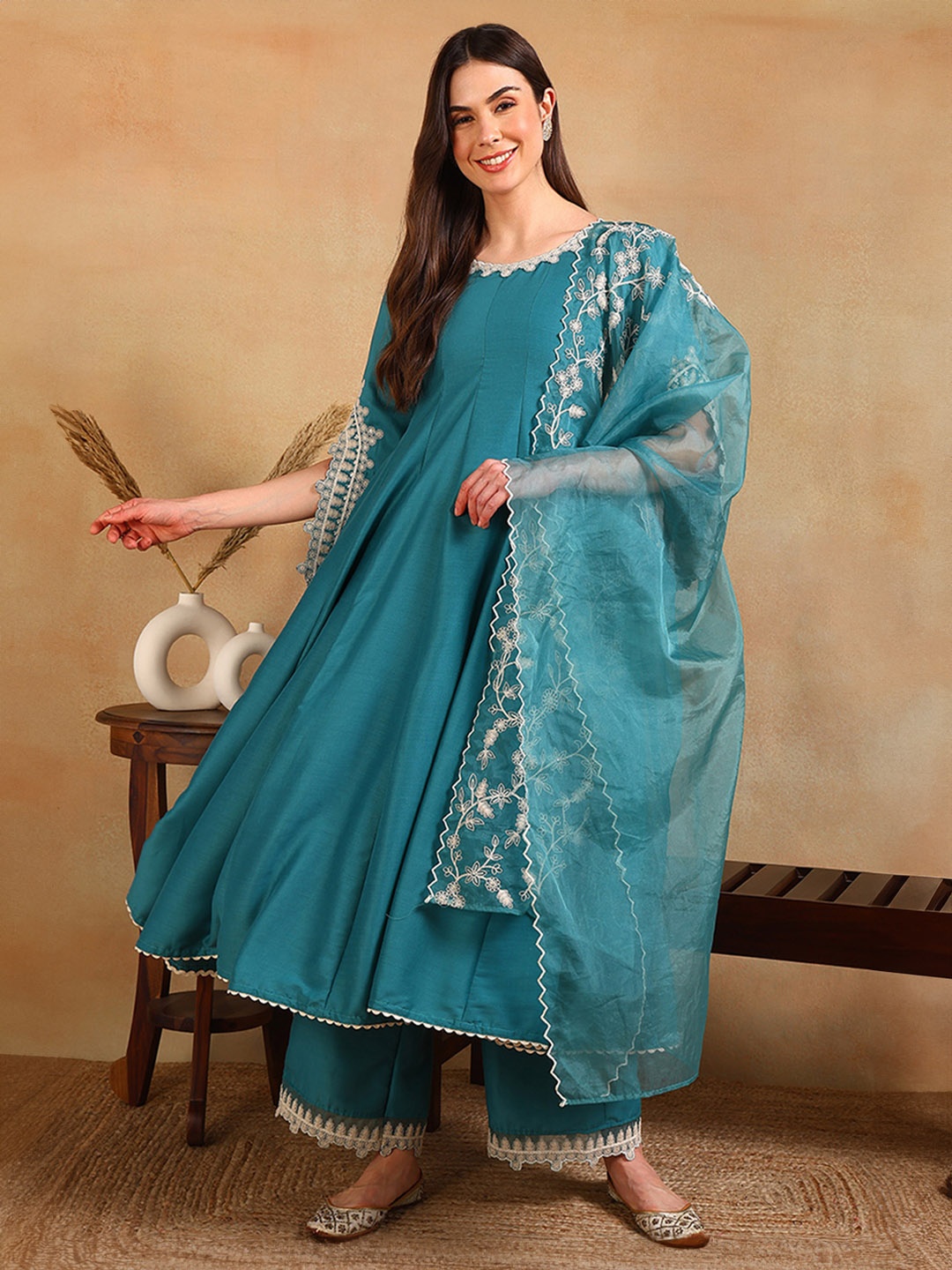 

AHIKA Embroidered Yoke Design Thread Work Kurta with Trousers & Dupatta, Blue