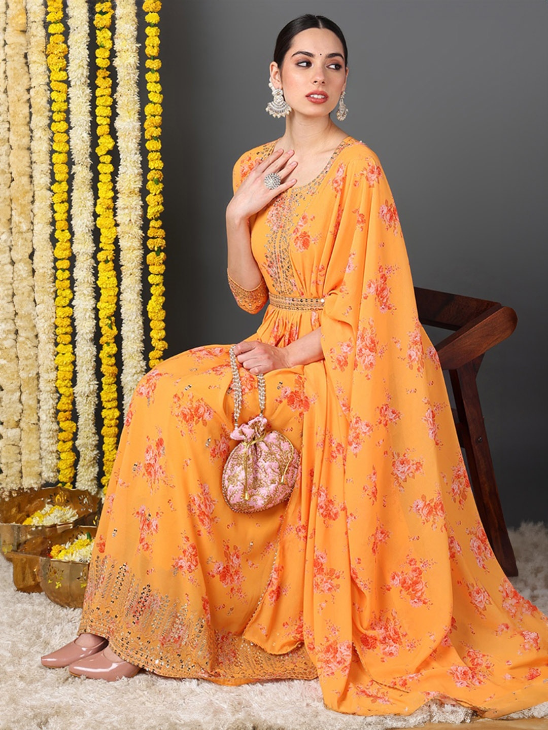 

AHIKA Floral Printed Pleated Sequinned Kurta with Trousers & Dupatta, Orange