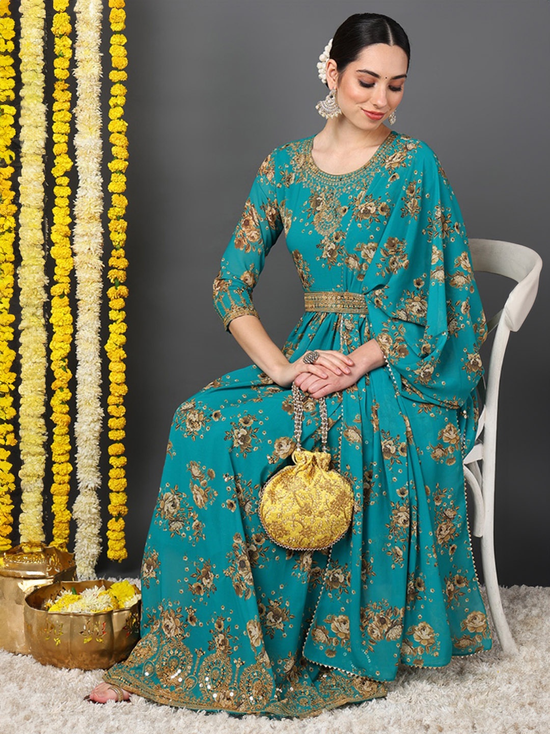 

AHIKA Green Floral Printed Empire Sequinned Kurta With Trousers & Dupatta