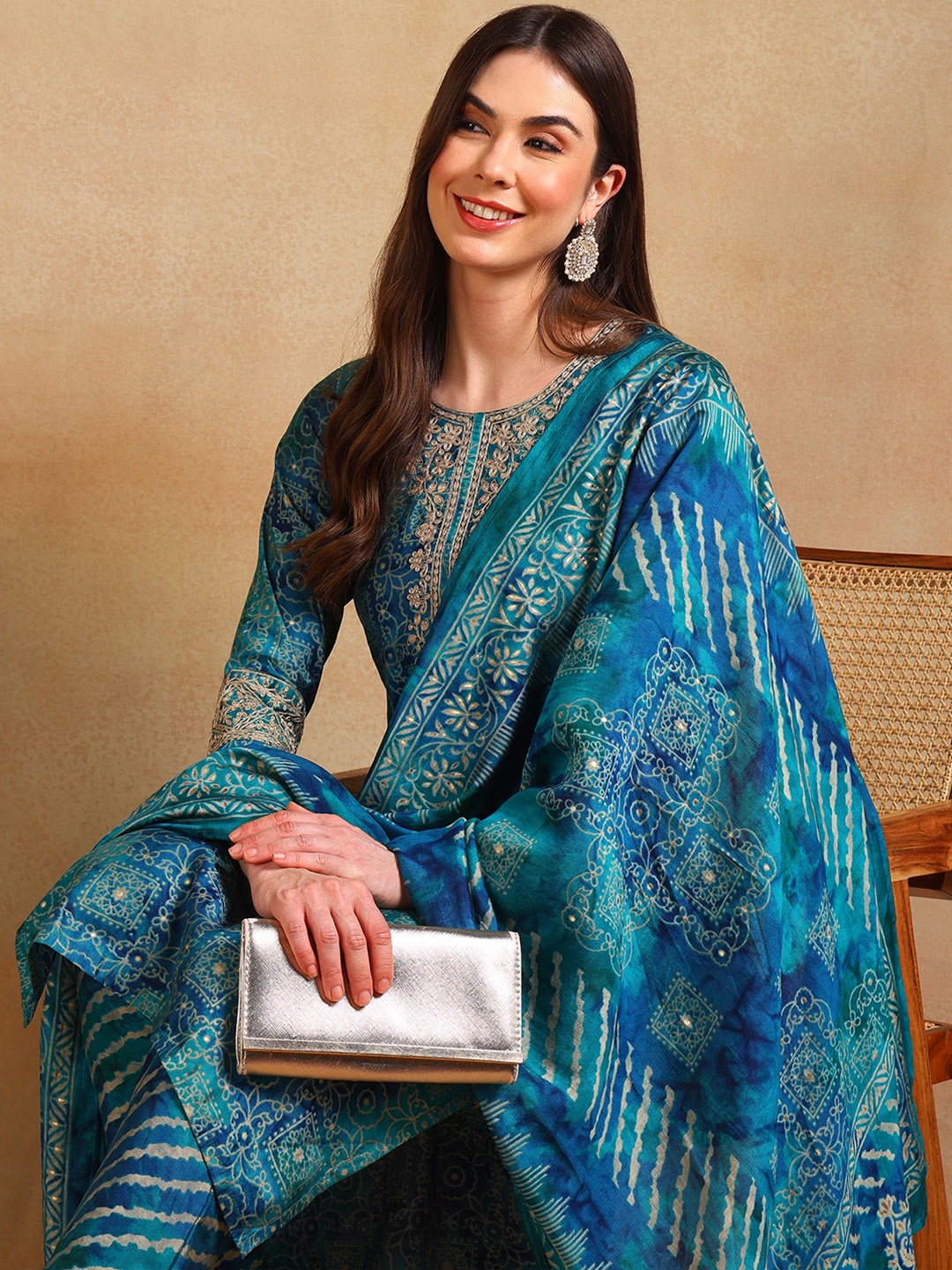 AHIKA Ethnic Motifs Printed Regular Kurta with Trousers & Dupatta, Teal