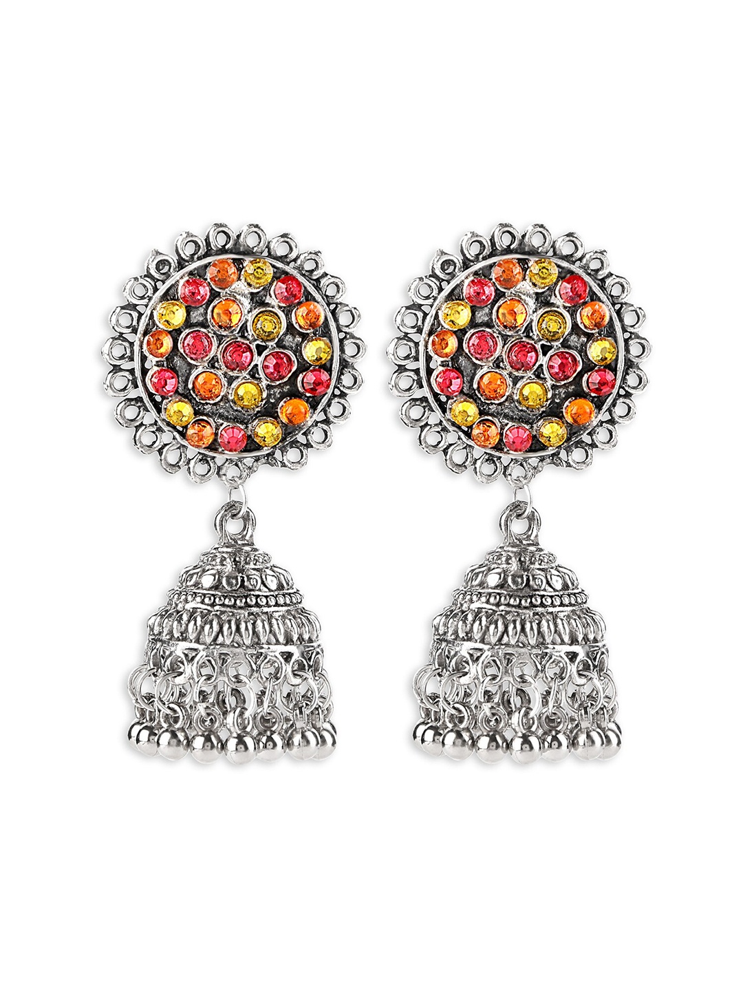

Yellow Chimes Stone-Studded & Beaded Oxidized Dome-Shaped Jhumkas, Silver