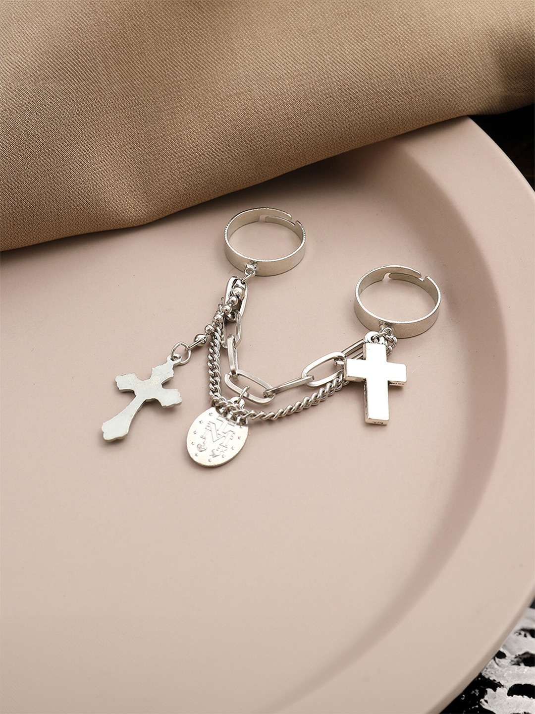 

Yellow Chimes Jesus Christ & Cross-Charms Chain Linked Double Ring, Silver