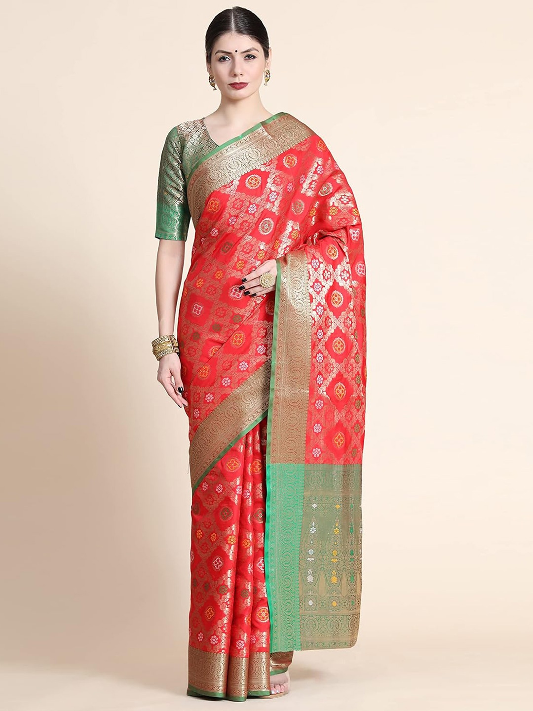 

MAGMINA Bandhani Zari Silk Blend Kanjeevaram Saree, Red