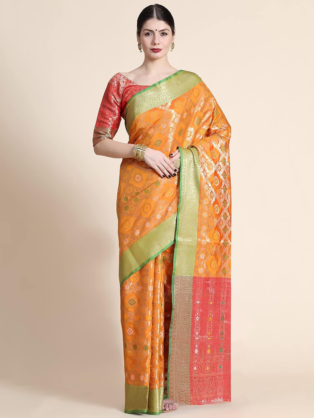 

MAGMINA Bandhani Zari Silk Blend Kanjeevaram Saree, Orange