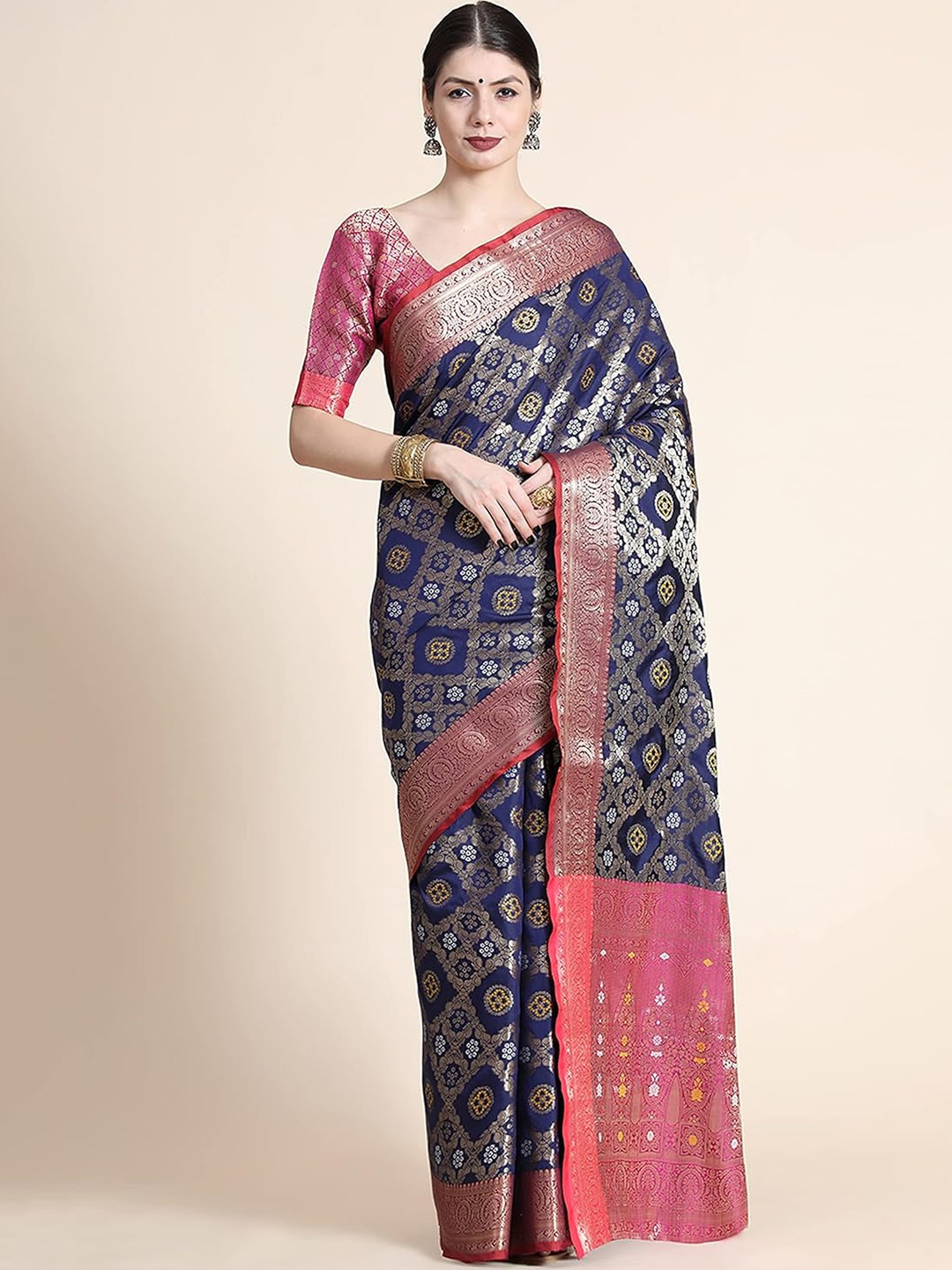 

MAGMINA Blue & Red Bandhani Zari Ethnic Woven Patola Silk Bandhani Saree