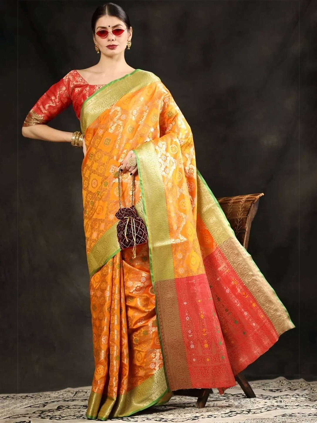 

MAGMINA Mustard & Green Self Design Embellished Geometric Print Silk Banarasi Saree