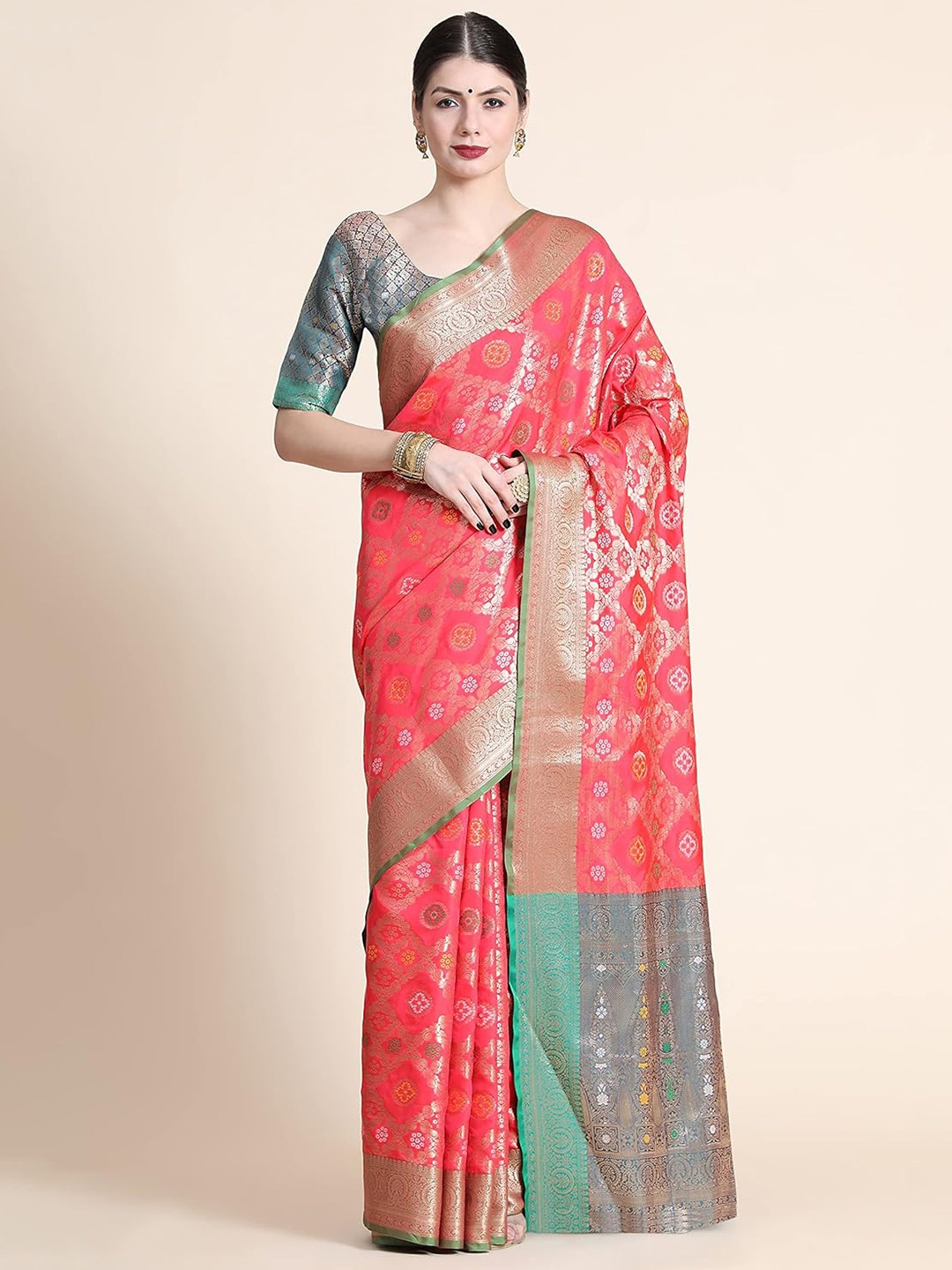 

MAGMINA Bandhani Zari Silk Blend Kanjeevaram Saree, Pink
