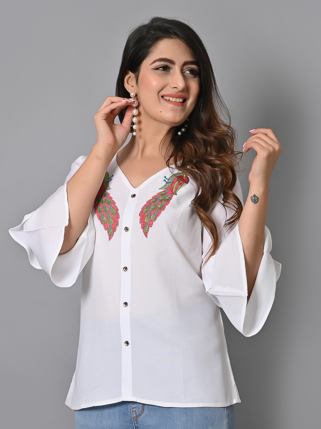 

IQRAAR Self Design Embroidered V-Neck Bell Sleeves Shirt Style Top, White