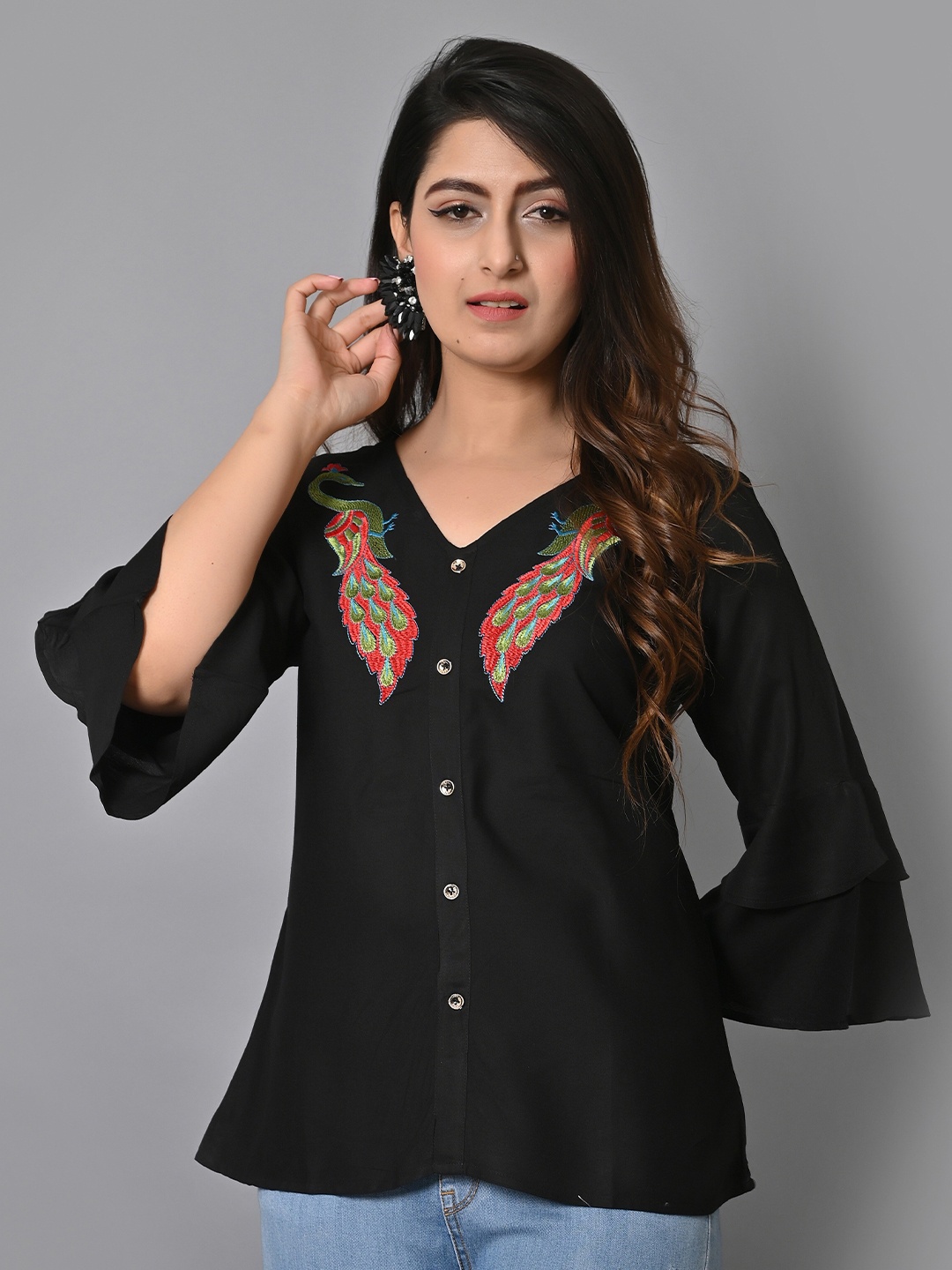 

IQRAAR Self Design Embroidered V-Neck Bell Sleeves Shirt Style Top, Black