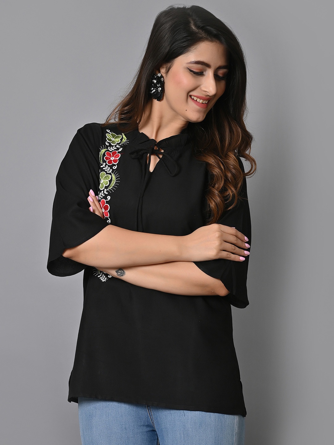 

IQRAAR Floral Embroidered Tie-Up Neck Flared Sleeves Top, Black