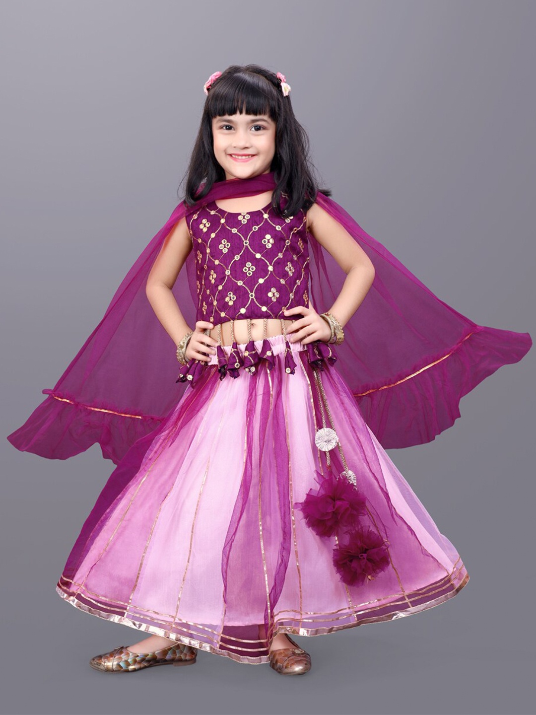 

BAESD Girls Embroidered Mirror Work Detail Net Ready to Wear Lehenga & Blouse With Dupatta, Pink