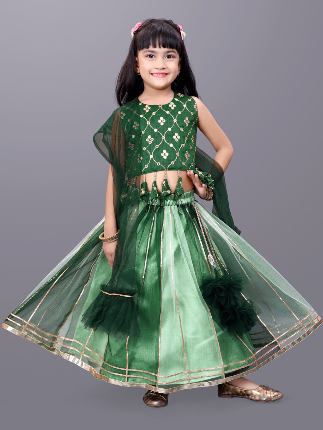 

BAESD Girls Embroidered Mirror Work Detail Net Ready to Wear Lehenga & Blouse With Dupatta, Green