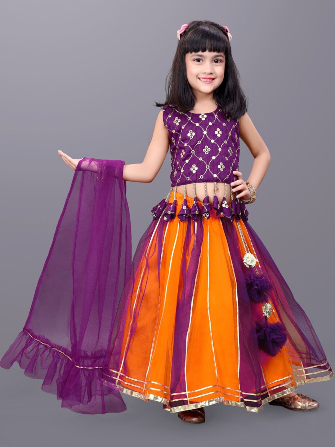 

BAESD Girls Embroidered Mirror Work Detail Net Ready to Wear Lehenga & Blouse With Dupatta, Orange