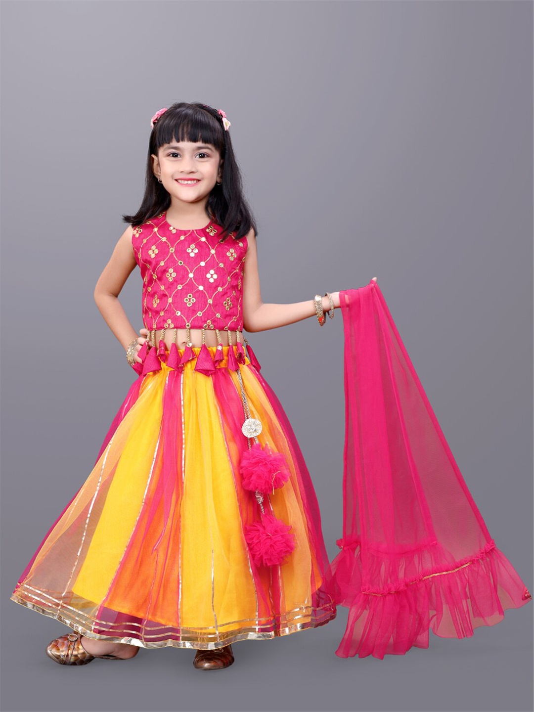 

BAESD Girls Embroidered Mirror Work Detail Net Ready to Wear Lehenga & Blouse With Dupatta, Yellow