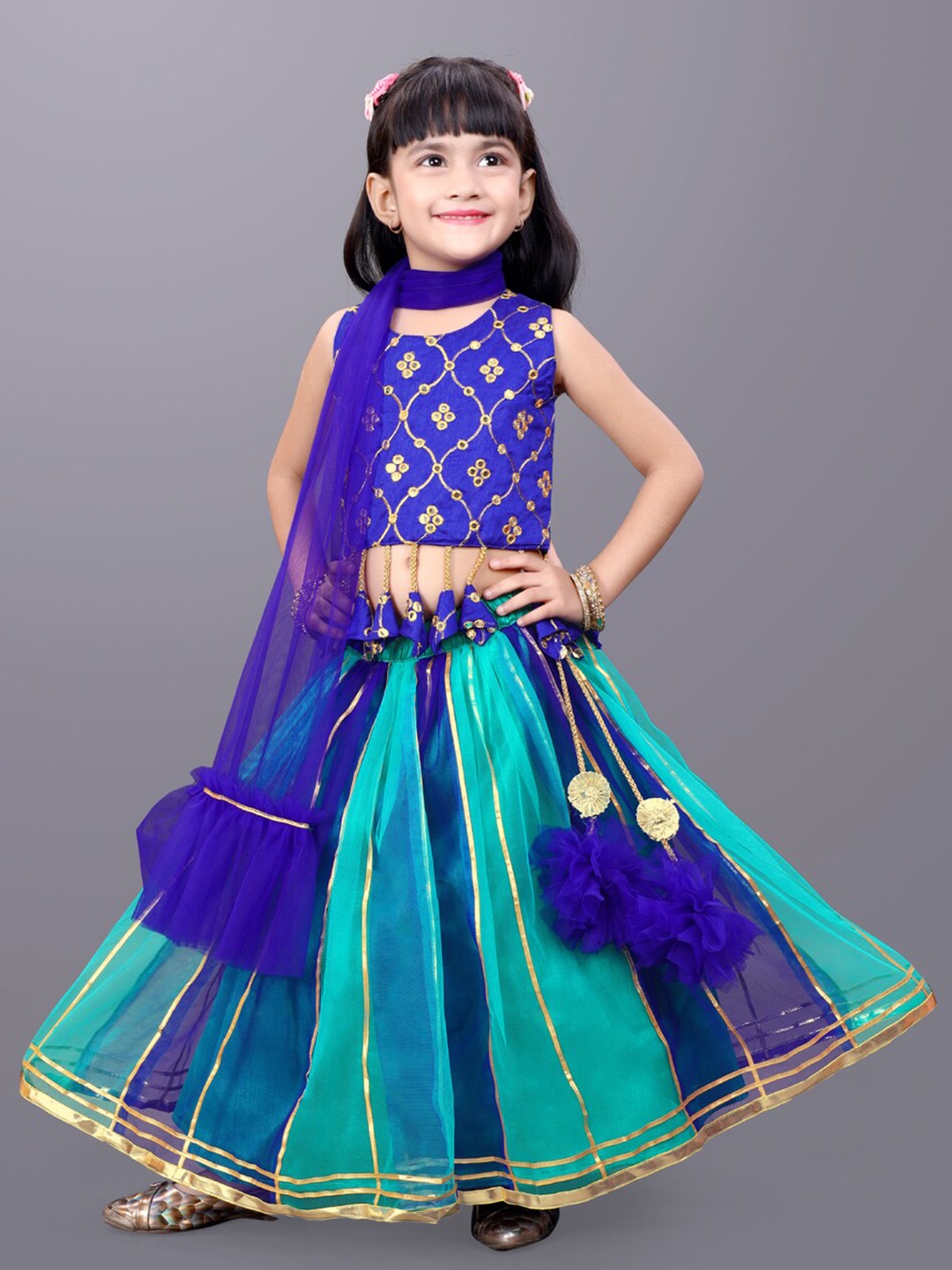 

BAESD Girls Embroidered Mirror Work Detail Net Ready to Wear Lehenga & Blouse With Dupatta, Blue