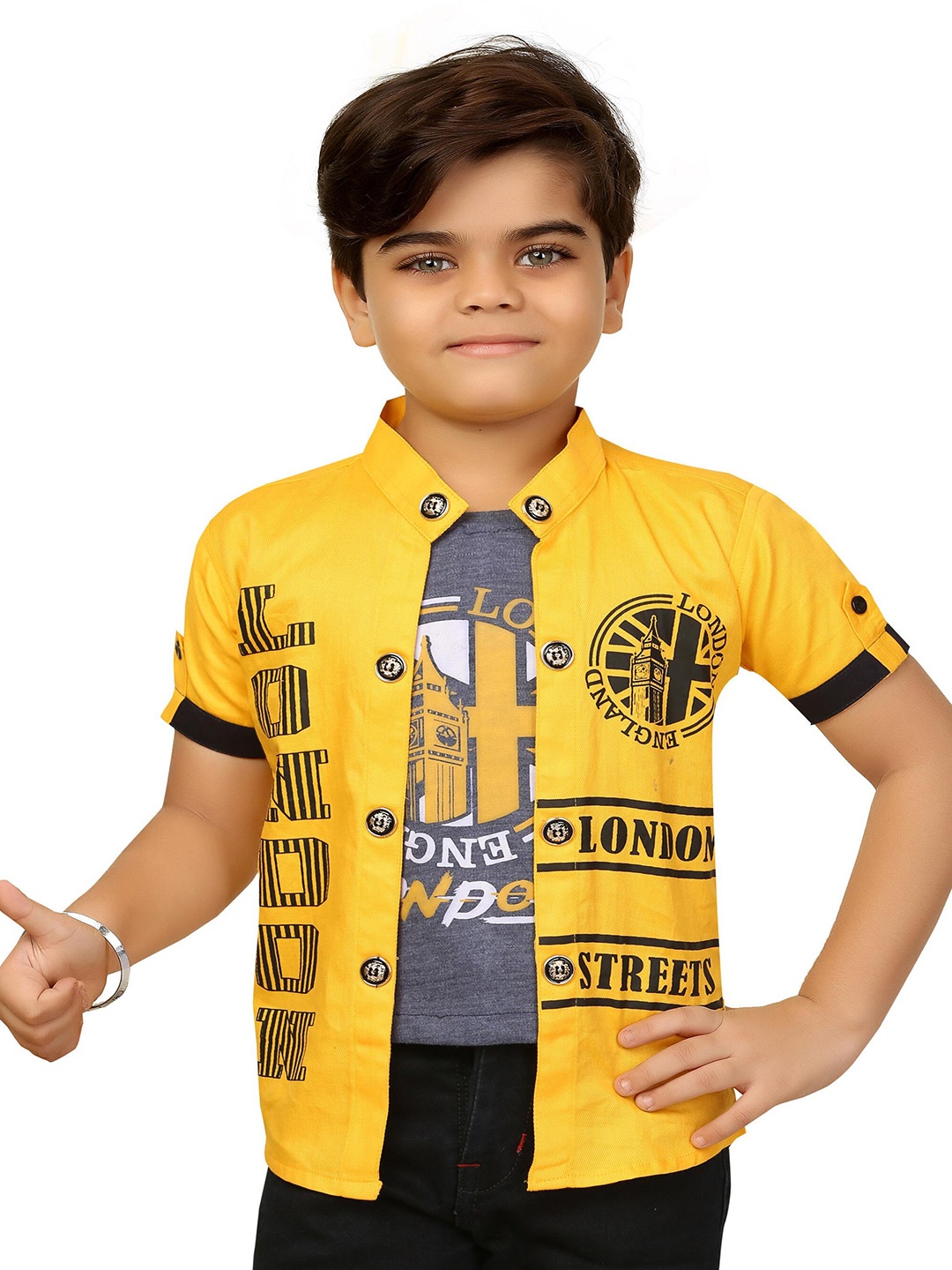 

BAESD Boys Typography Printed Mandarin Collar Tailored Jacket With Attached T-shirt, Yellow