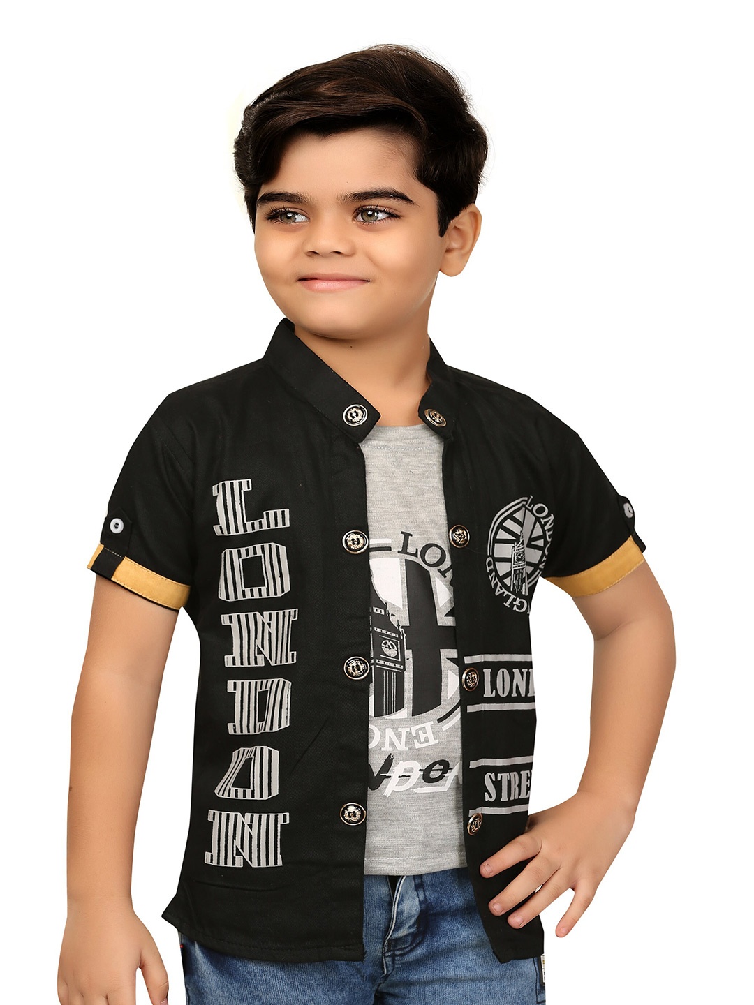 

BAESD Boys Typography Printed Mandarin Collar Tailored Jacket With Attached T-shirt, Black