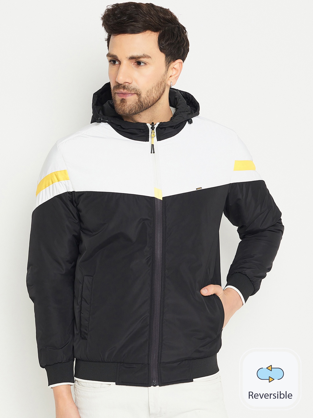 

Okane Colourblocked Hooded Reversible Bomber Jacket, Black