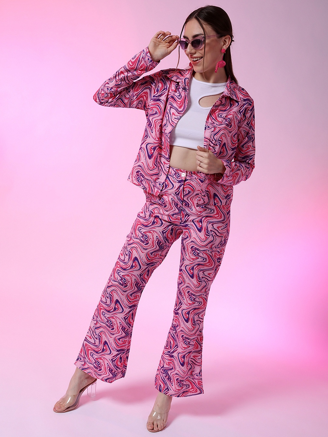 

Freehand by The Indian Garage Co Abstract Printed Shirt & Trousers Co-Ords, Pink