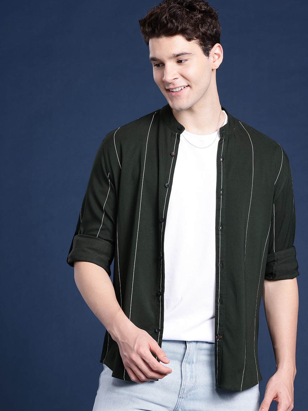 

Mast & Harbour Men Slim Fit Striped Casual Shirt, Olive
