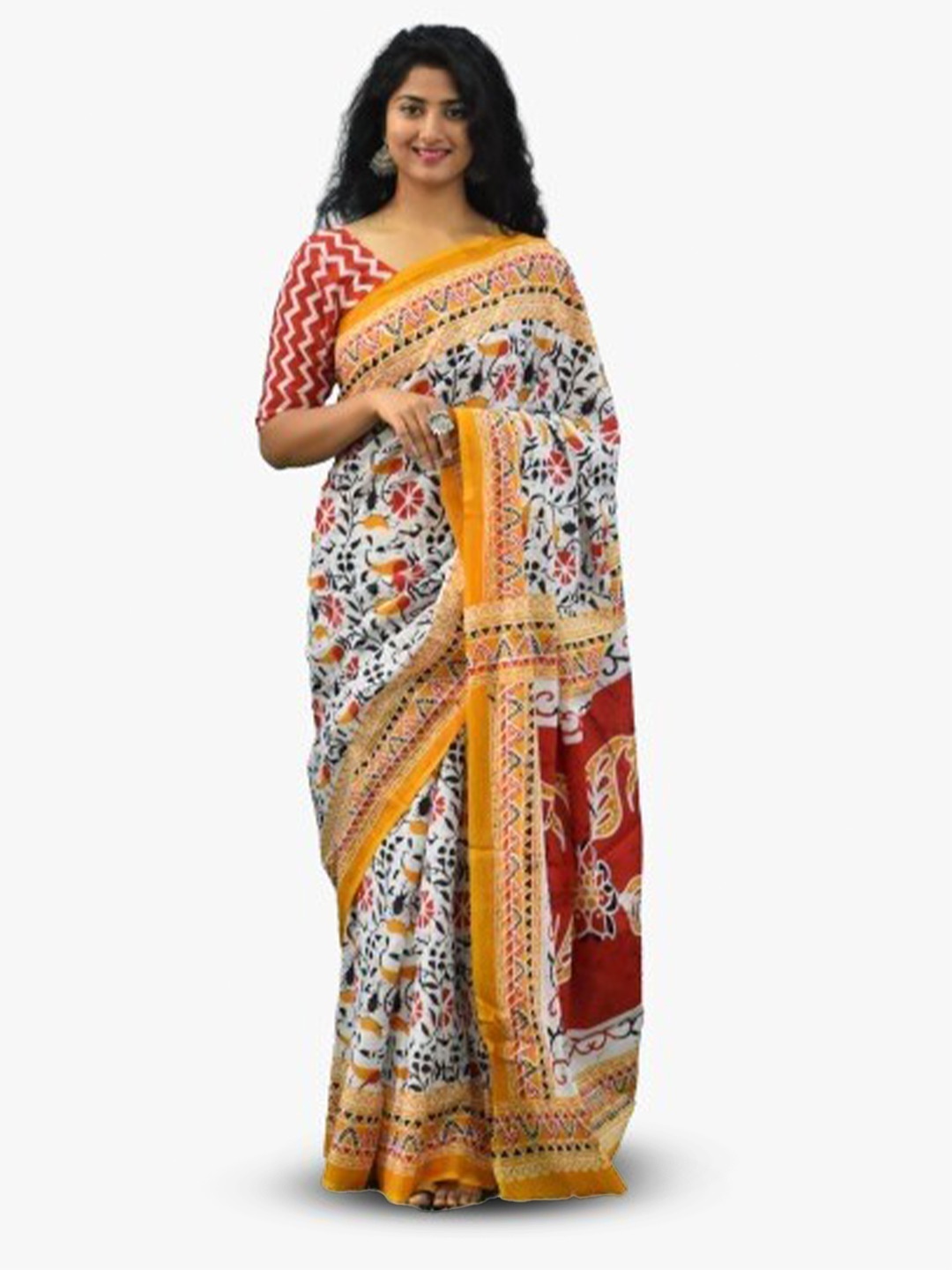 

KIAARON Ethnic Motifs Pure Cotton Block Print Saree, Mustard