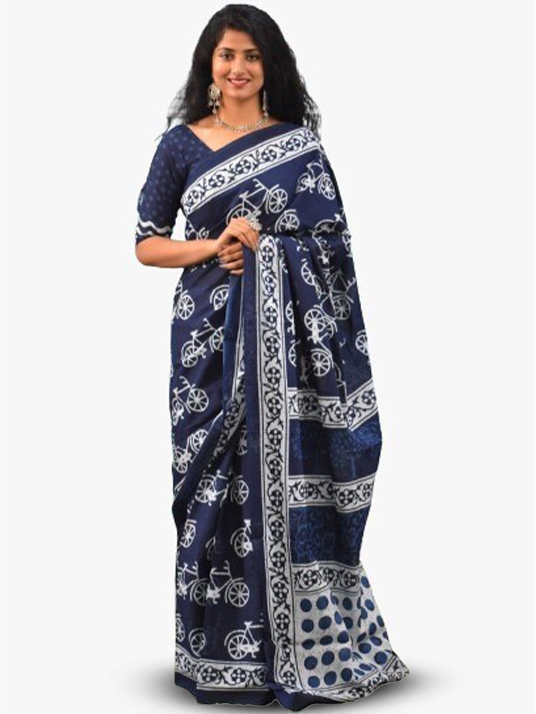 

KIAARON Ethnic Motifs Pure Cotton Block Print Saree, Blue