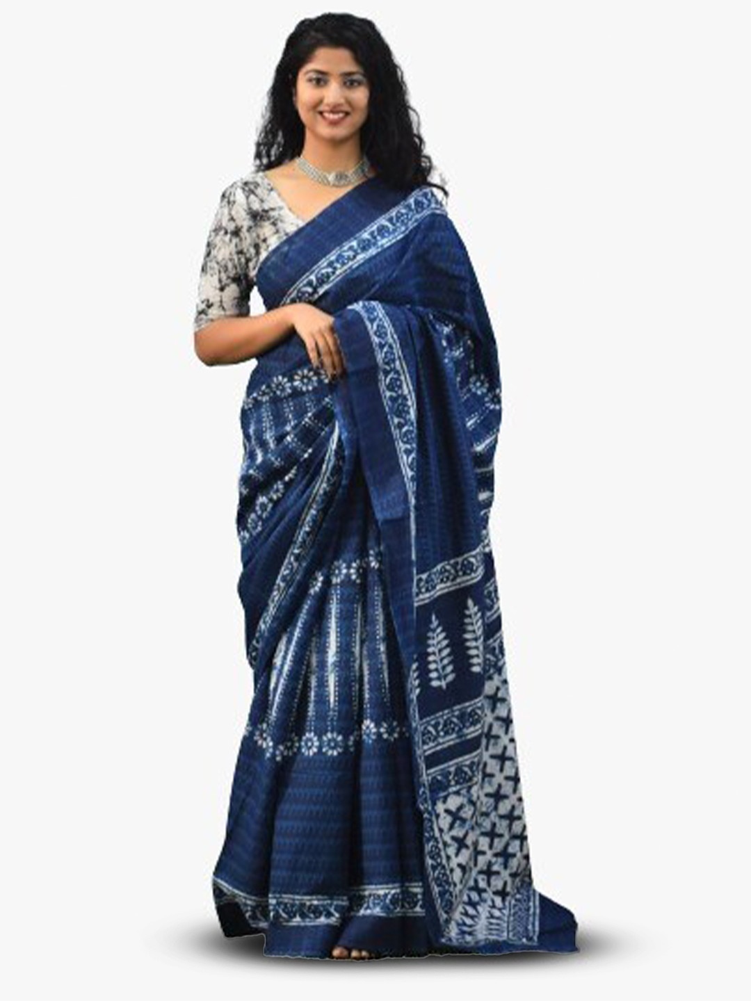 

KIAARON Ethnic Motifs Pure Cotton Block Print Saree, Blue