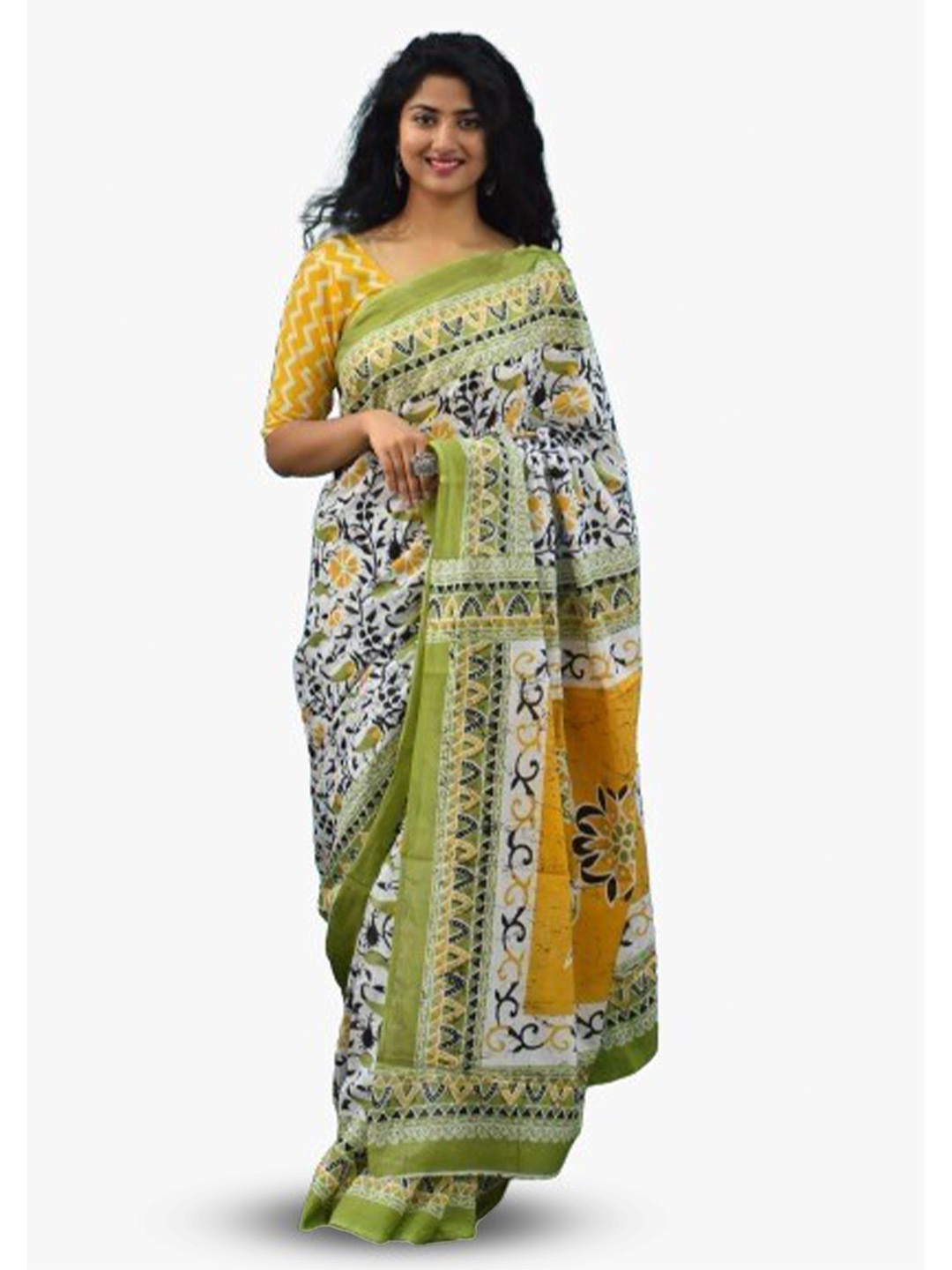 

KIAARON Ethnic Motifs Pure Cotton Block Print Saree, Green