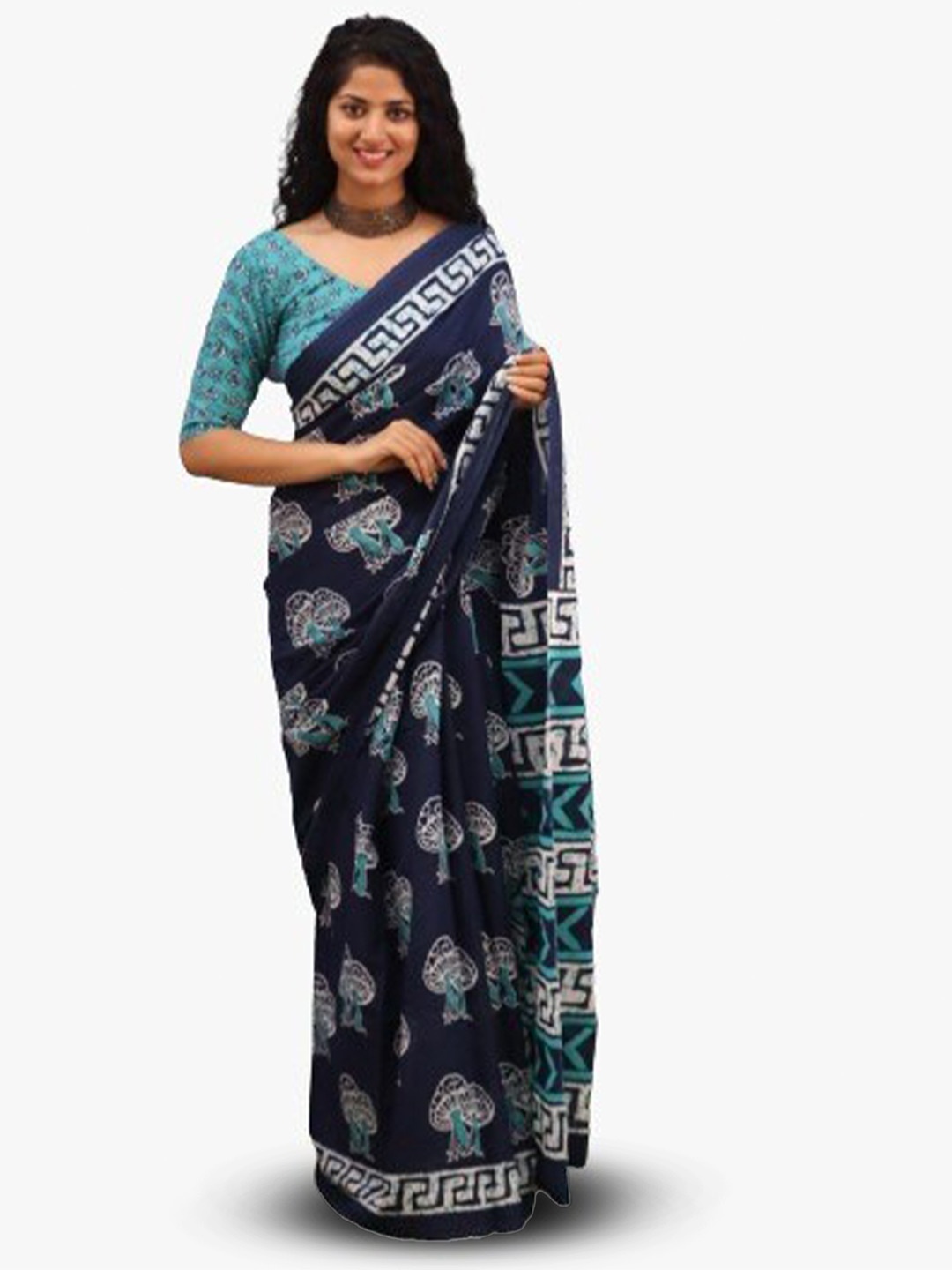 

KIAARON Ethnic Motifs Pure Cotton Ikat Saree, Blue