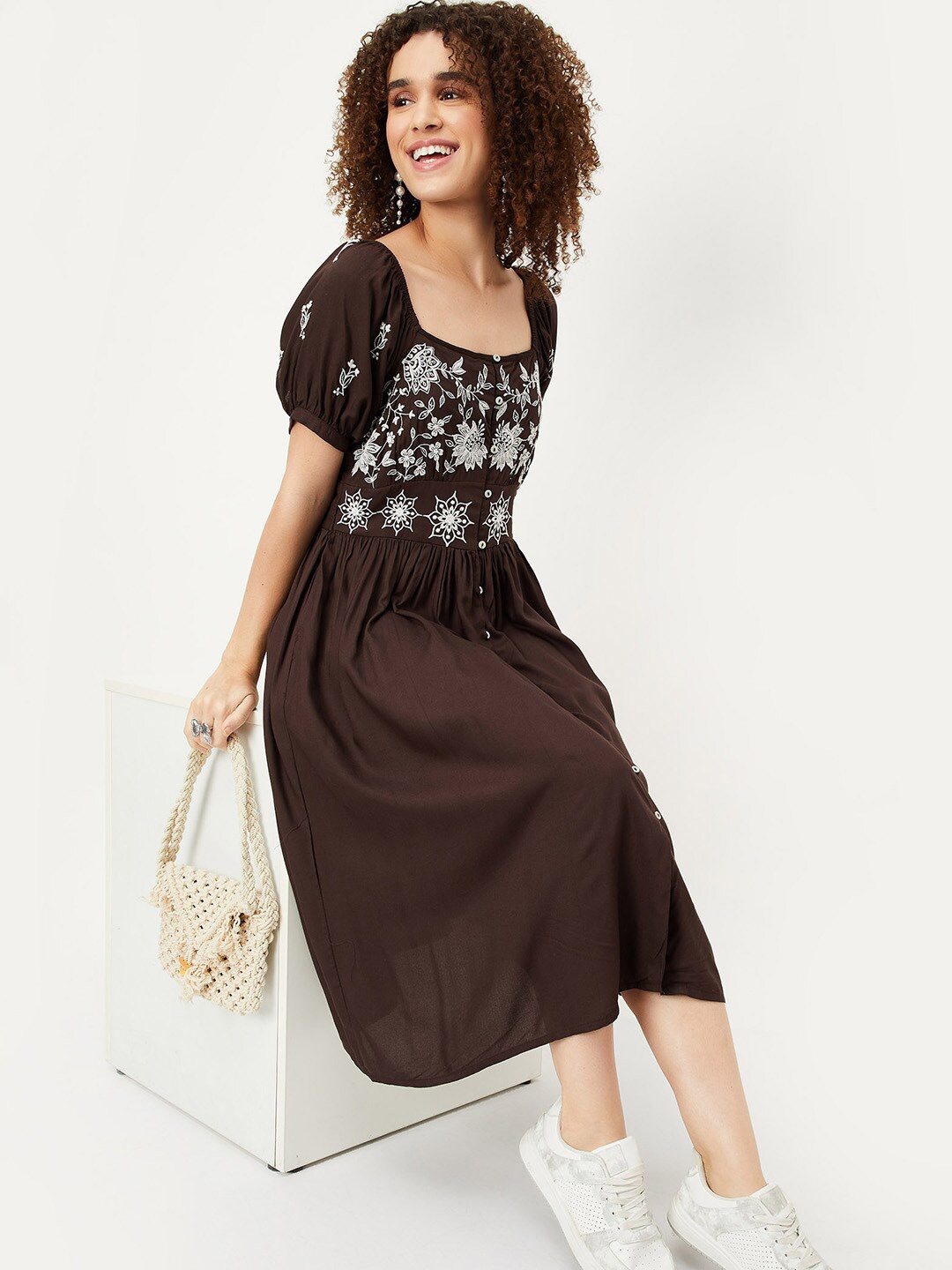 

max Ethnic Motifs Embroidered Puff Sleeves Fit and Flare Midi Dress, Brown