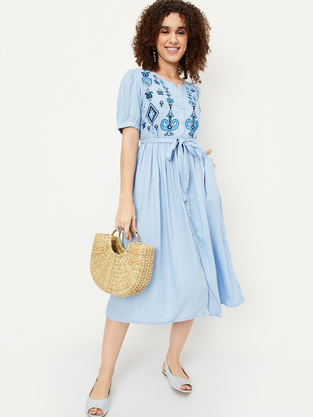 

max Ethnic Motifs Embroidered Puff Sleeves Fit and Flare Midi Dress, Blue
