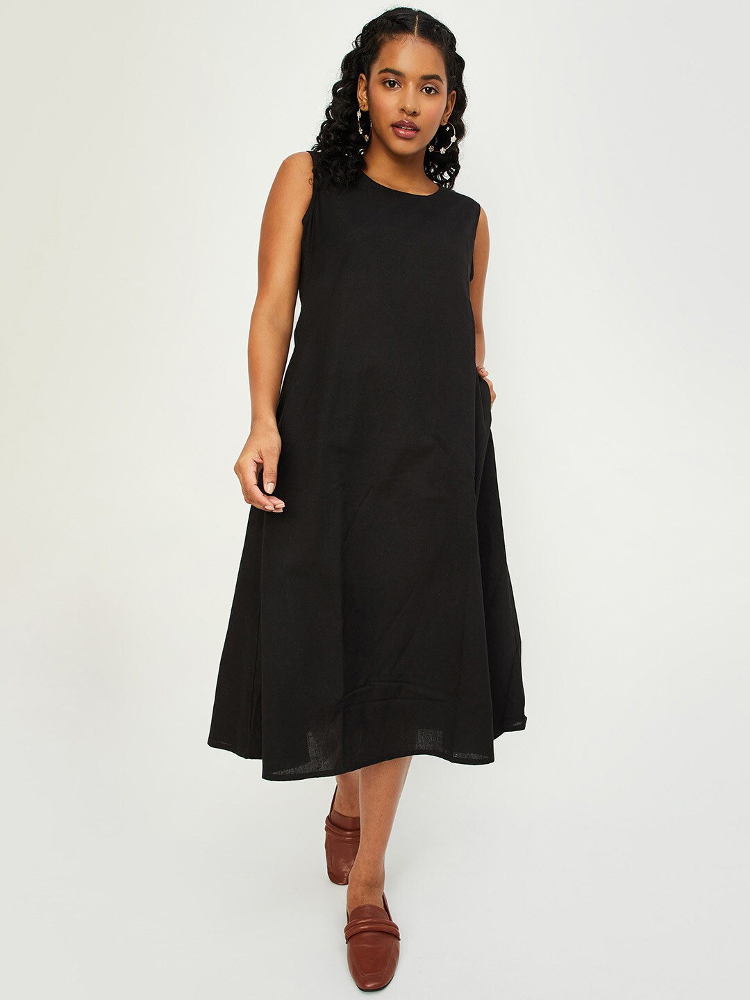 

max Sleeveless Cotton A-Line Midi Dress, Black