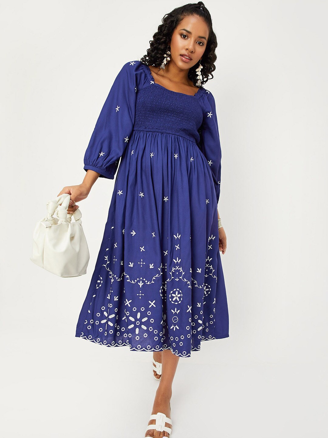 

max Ethnic Motifs Embroidered Bishop Sleeves Fit and Flare Midi Dress, Blue