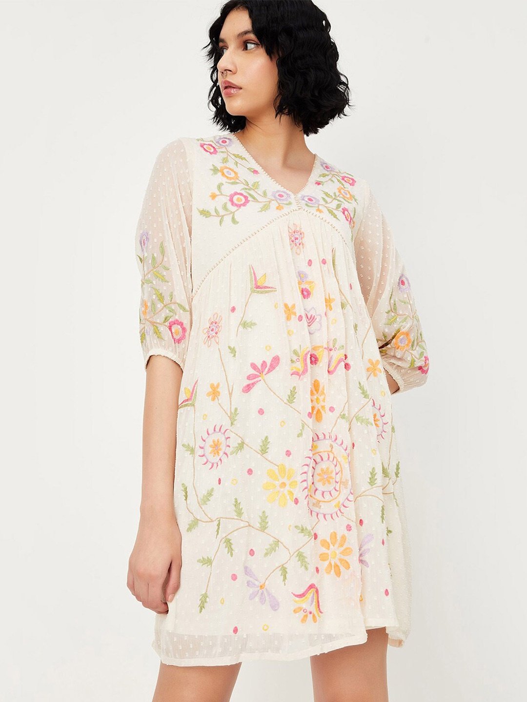 

max Ethnic Motifs Embroidered Puff Sleeves Empire Mini Dress, Off white