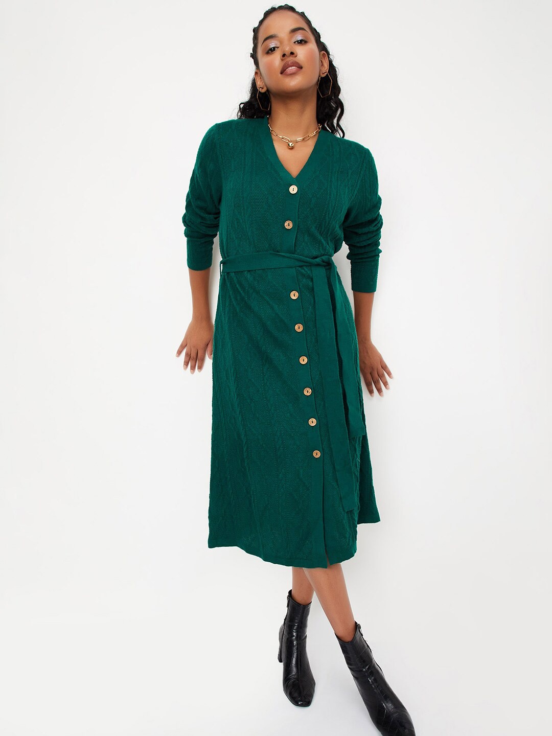 

max Belted Acrylic A-Line Midi Dress, Green