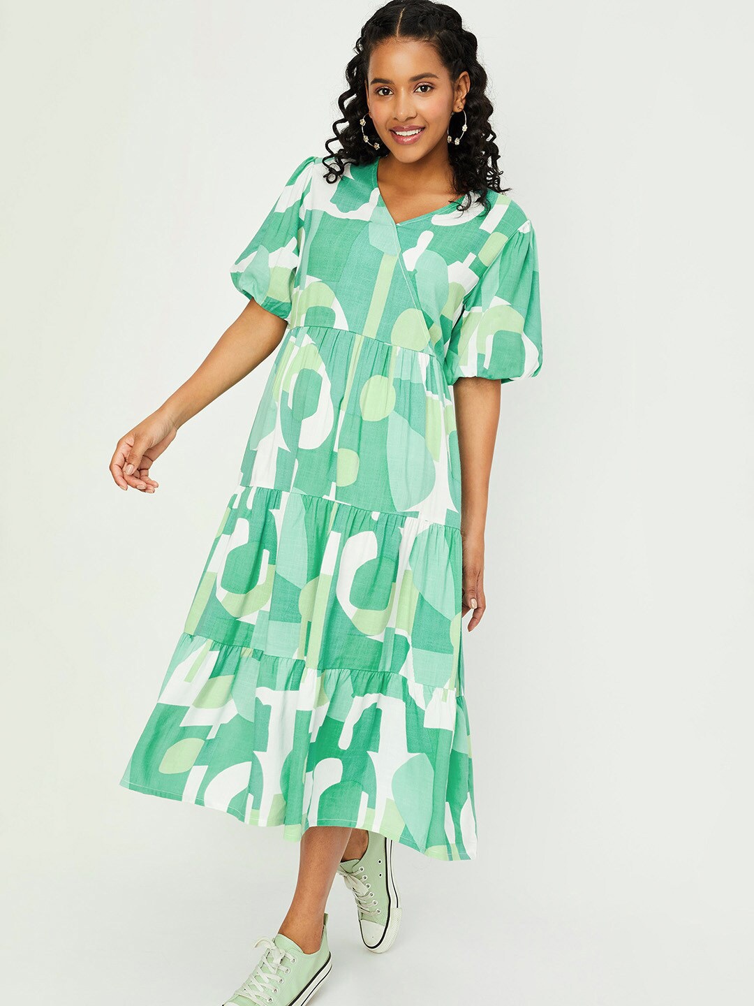 

max Abstract Printed Puff Sleeves A-Line Midi Dress, Multi
