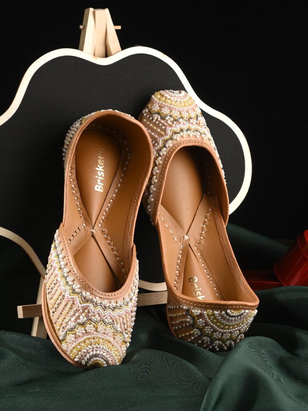 

BRISKERS Embellished Round Toe Mojaris, Beige