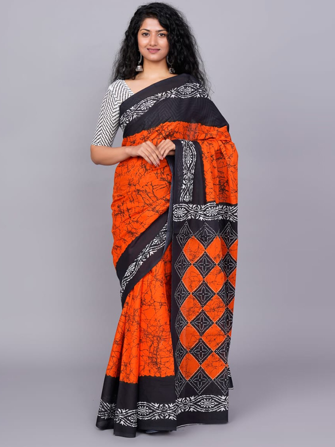 

KIAARON Ethnic Motifs Pure Cotton Ikat Saree, Orange