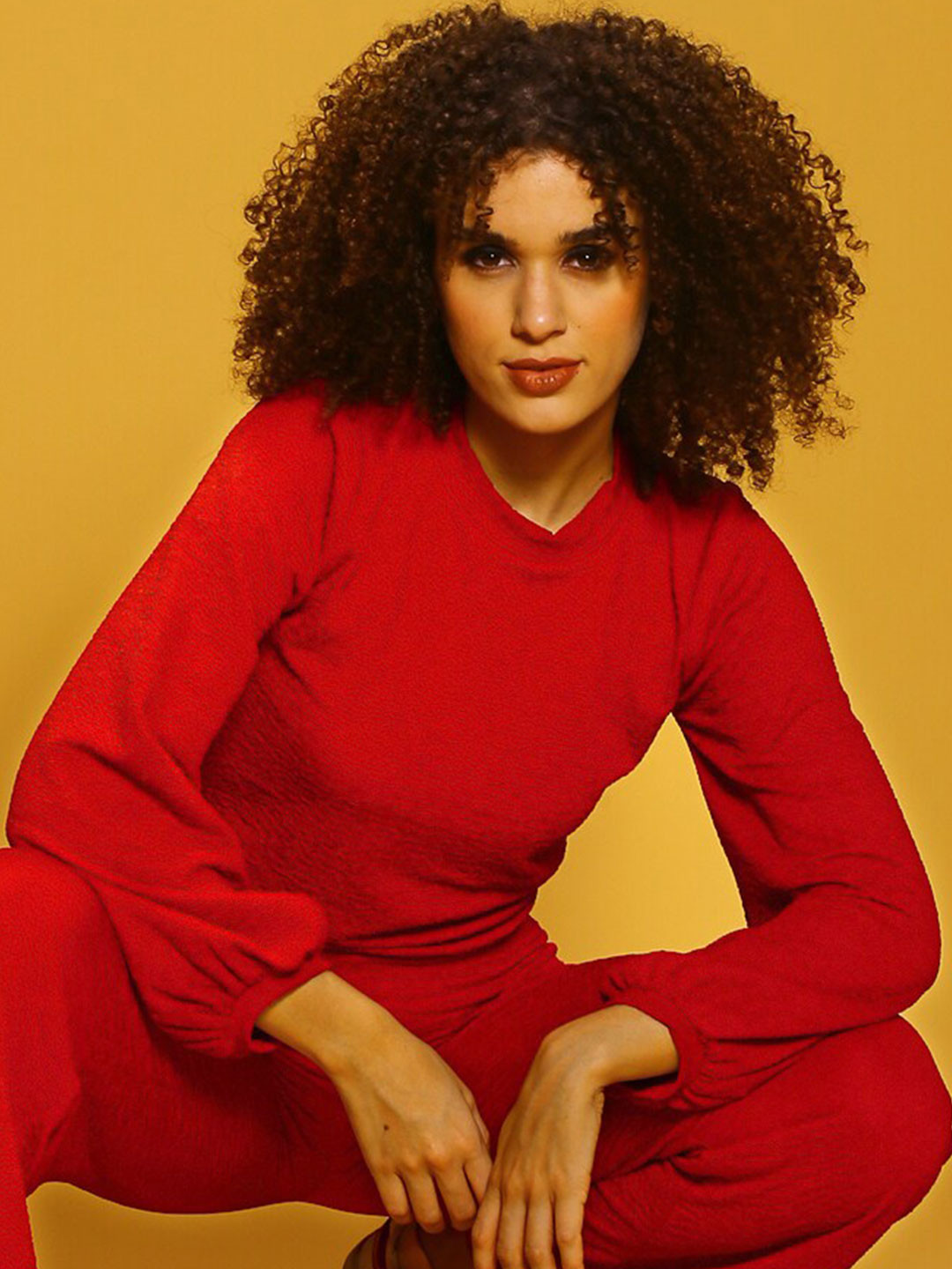

Sera Round Neck Long Bell Sleeve Crop Top, Red