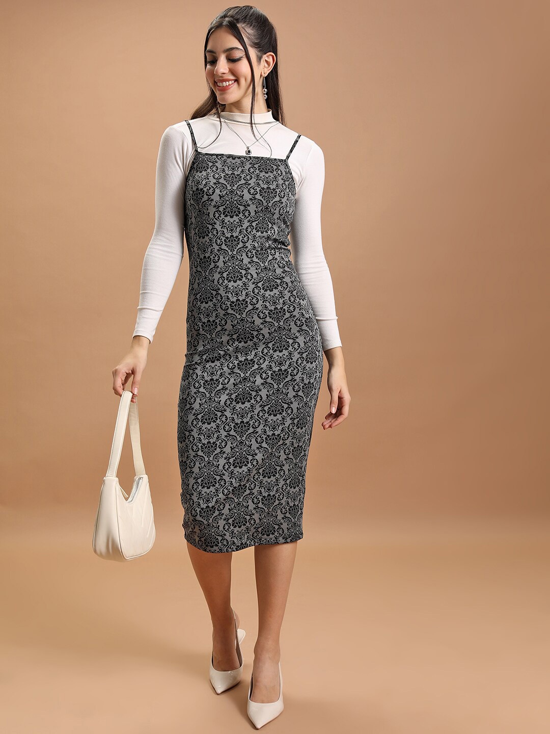 

Tokyo Talkies Grey Ethnic Motifs Printed Bodycon Midi Dress