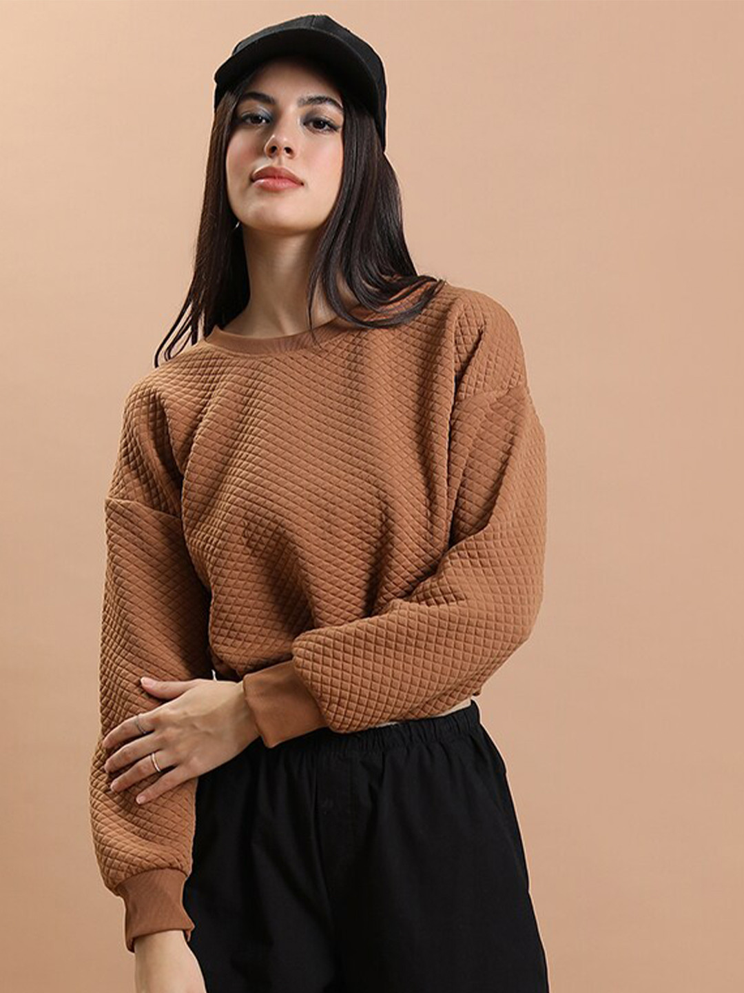 

Tokyo Talkies Brown Self Design Round Neck Oversized Sweatshirt
