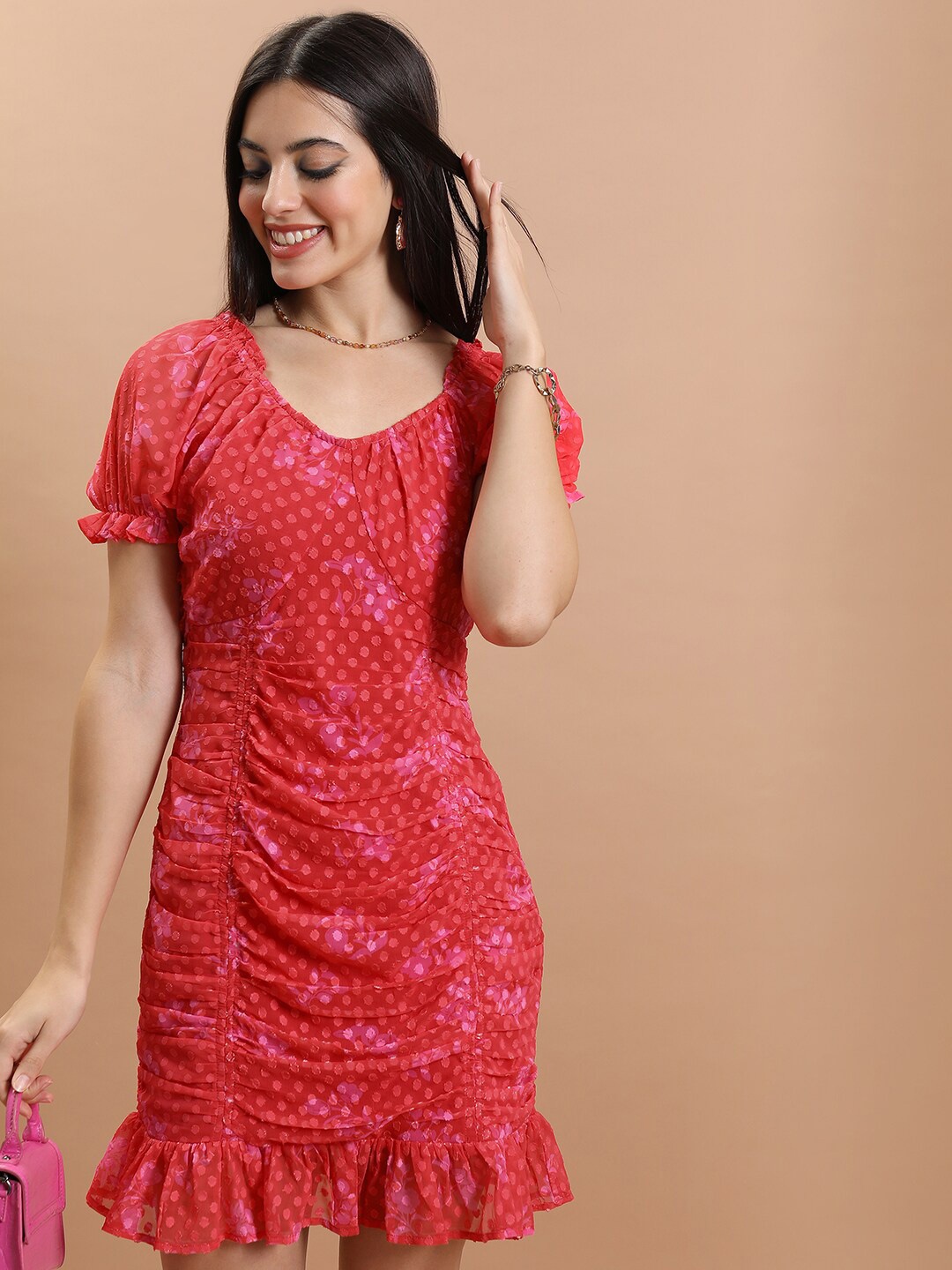 

Tokyo Talkies Ruched Floral Print Ruffled Bodycon Mini Dress, Red