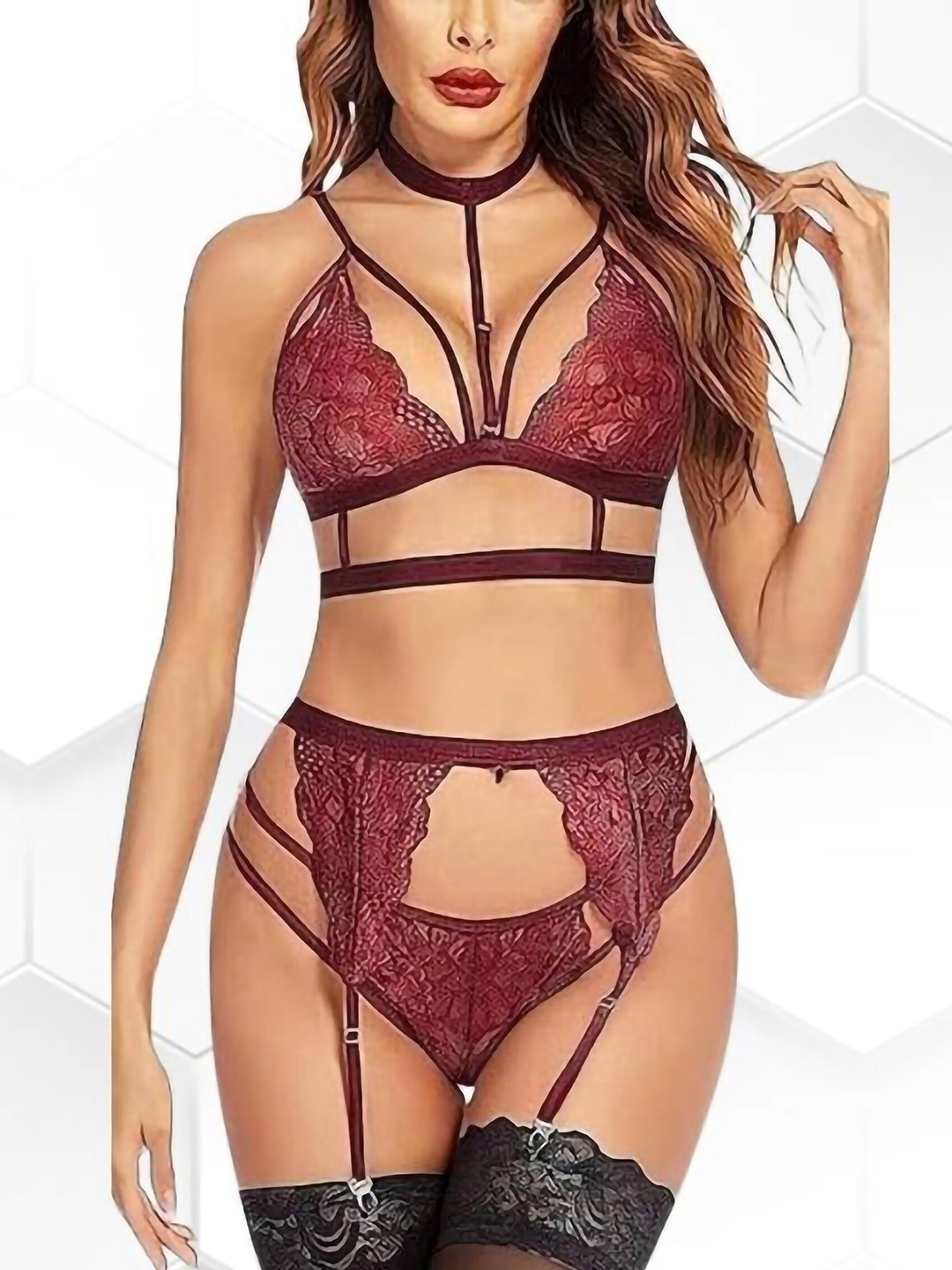 

AROUSY Self Design Net Baby Doll, Red