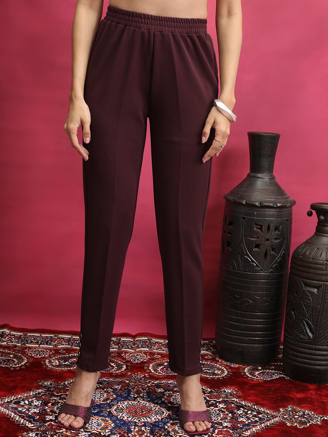 

Vishudh Women Purple Slim Fit Mid-Rise Trousers