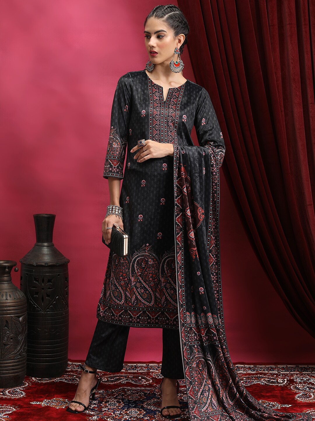 

Vishudh Black Ethnic Motifs Printed Notch Neck Kurta With Palazzo & Dupatta