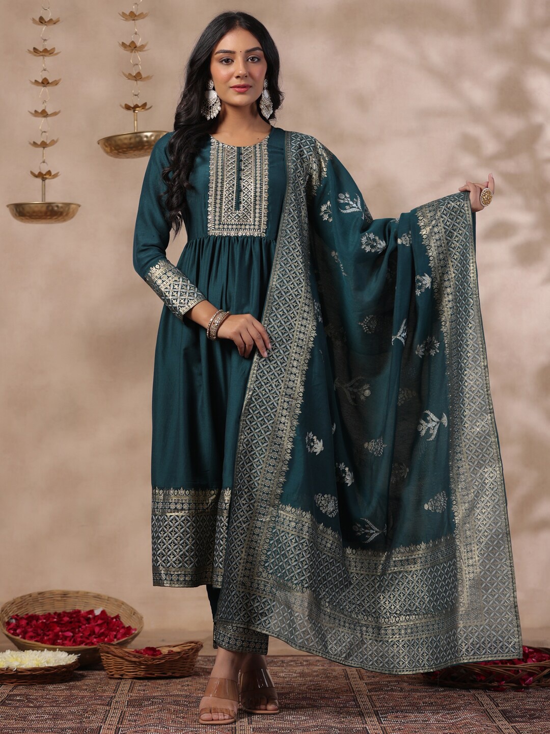 

Ishin Ethnic Motifs Zari Embroidered Round Neck Pure Silk Kurta With Trousers & Dupatta, Green