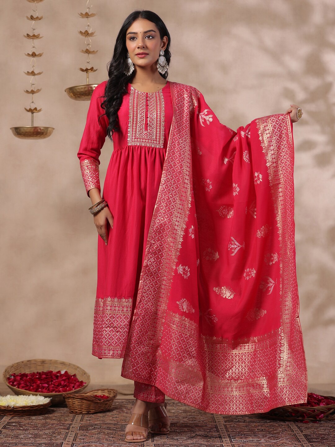 

Ishin Ethnic Motifs Zari Embroidered Round Neck Pure Silk Kurta With Trousers & Dupatta, Fuchsia