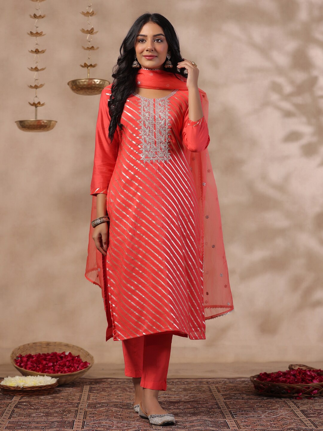 

Ishin Ethnic Motifs Zari Embroidered Round Neck Pure Silk Kurta With Trousers & Dupatta, Peach